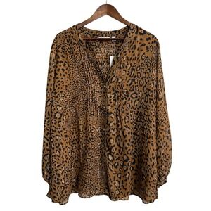 NWT Susan Graver top women's 2X blue‎ animal print button up semi sheer chiffon